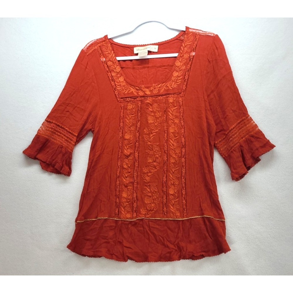 Urban Mangoz Sz‎ M Crepe Lace Embroidered Tunic Top Bell Sleeves Boho Fairy